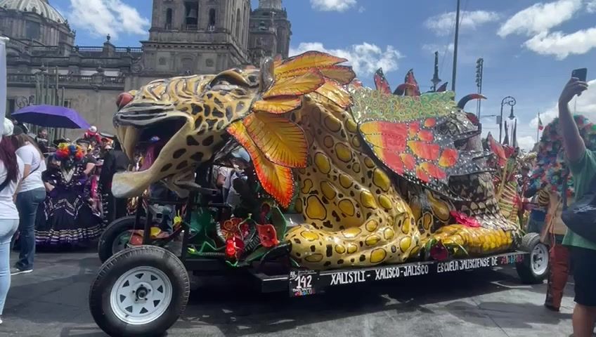 Mexican parade of colorful sculptures of mythical creatures ahead Day of the Dead - Video