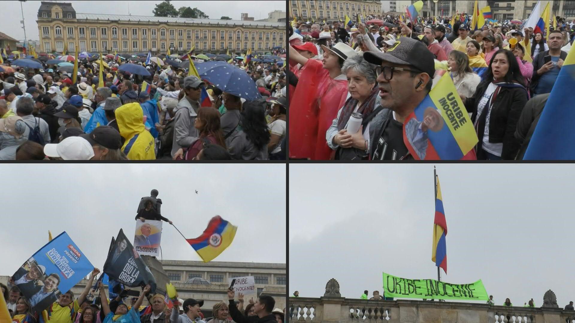 Protesters gather in Bolivar Square in support of Colombian ex-president Uribe