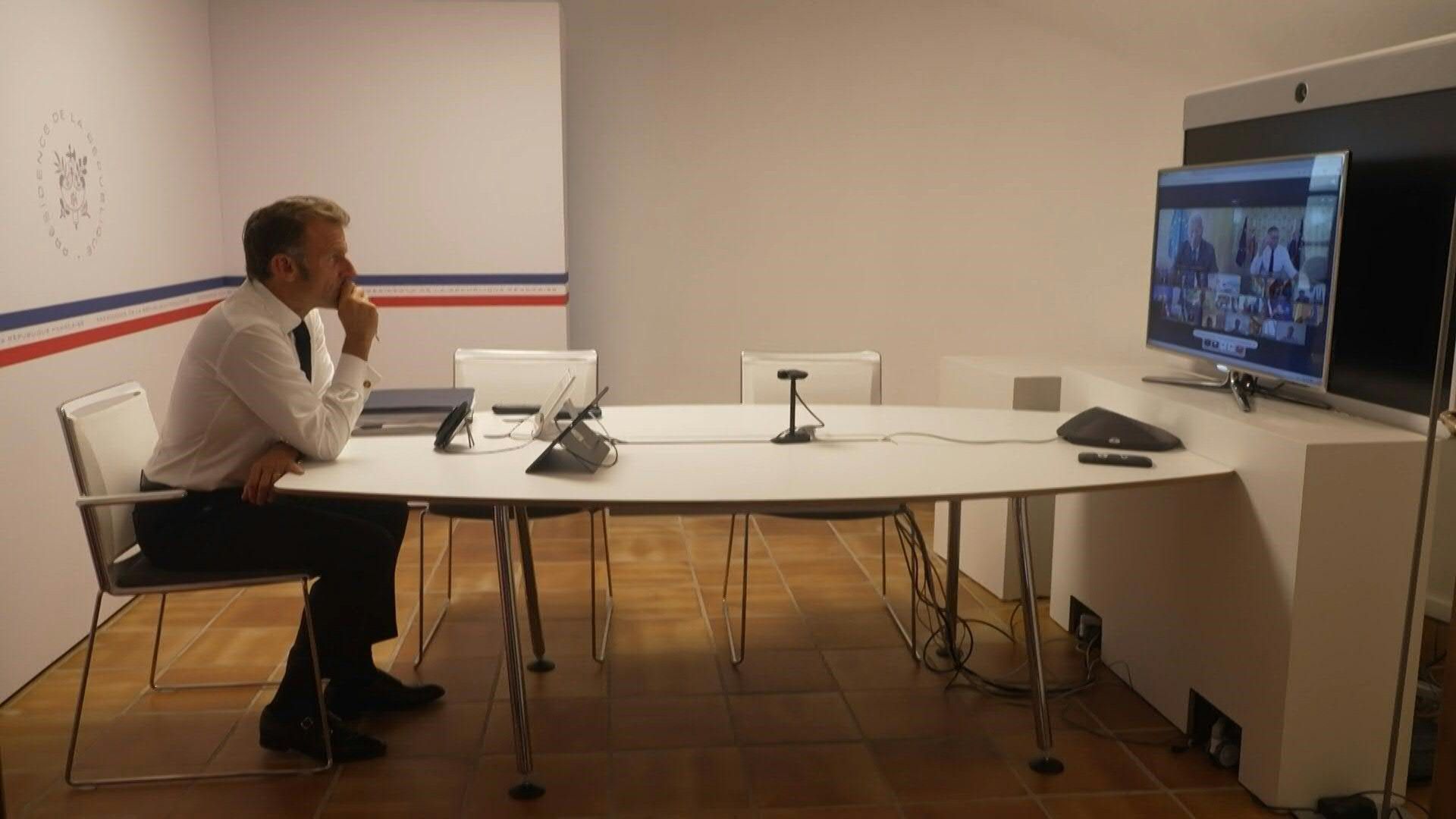 Emmanuel Macron holds a videoconference with EU leaders on Ukraine