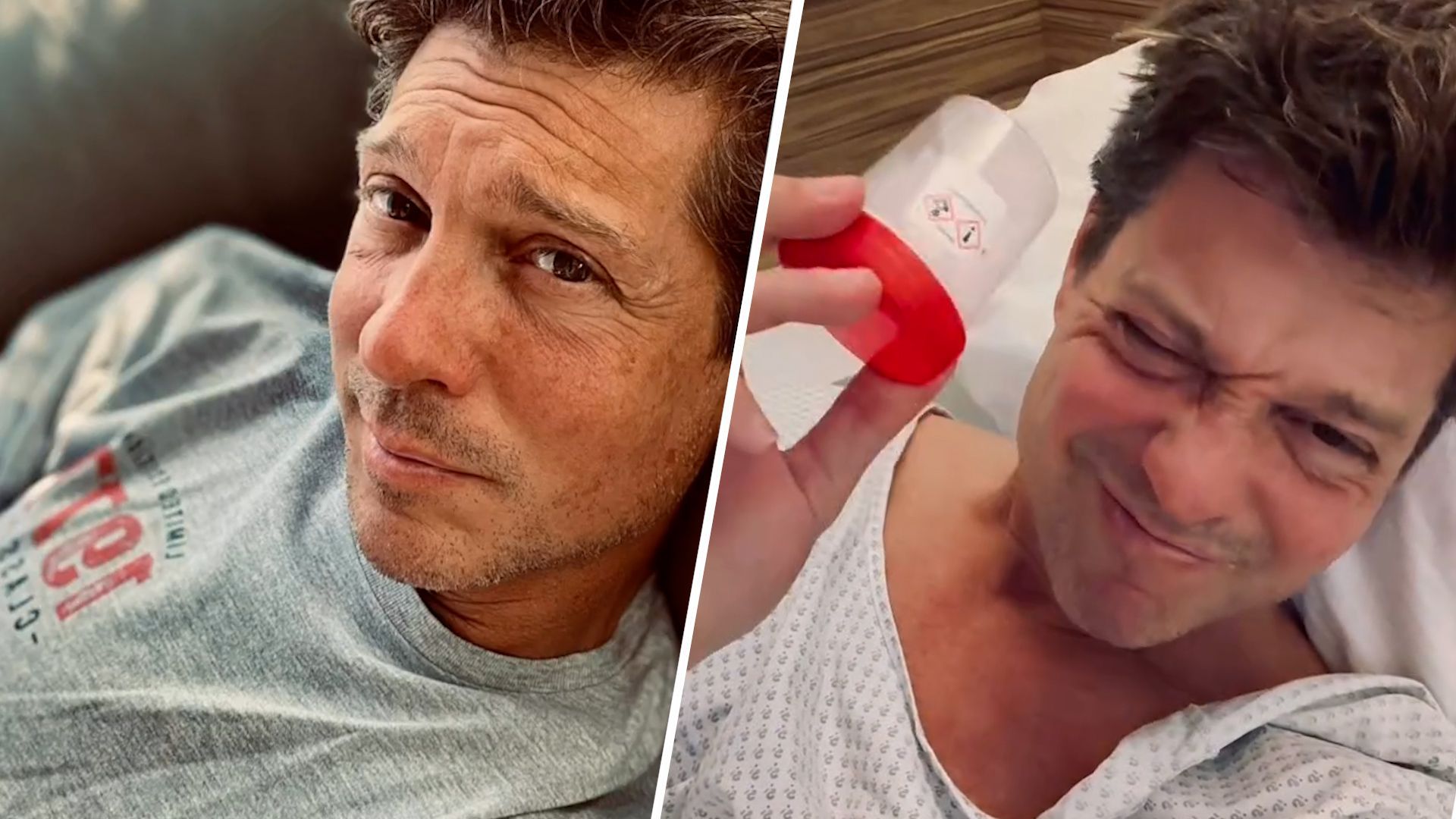 Sebastian Deyle liegt auf einem Krankenhausbett und trägt ein Krankenhaushemd. Er hält einen Urinprobenbecher mit rotem Deckel in der Hand und verzieht das Gesicht leicht schmerzverzerrt. Auf der linken Bildhälfte ist ein weiteres Foto von ihm zu sehen, auf dem er ein graues T-Shirt trägt und mit ernstem Blick in die Kamera schaut.