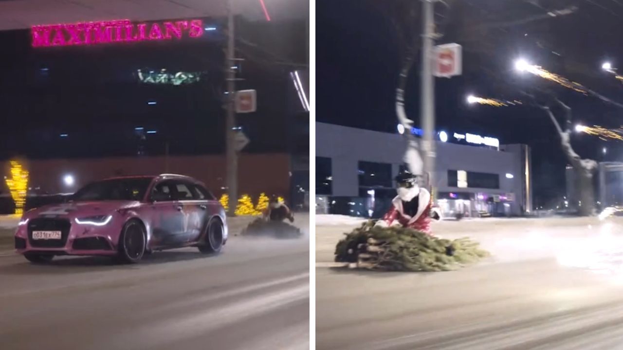 Halsbrecherischer Stunt: Auf Weihnachtsbäumen über die Straße