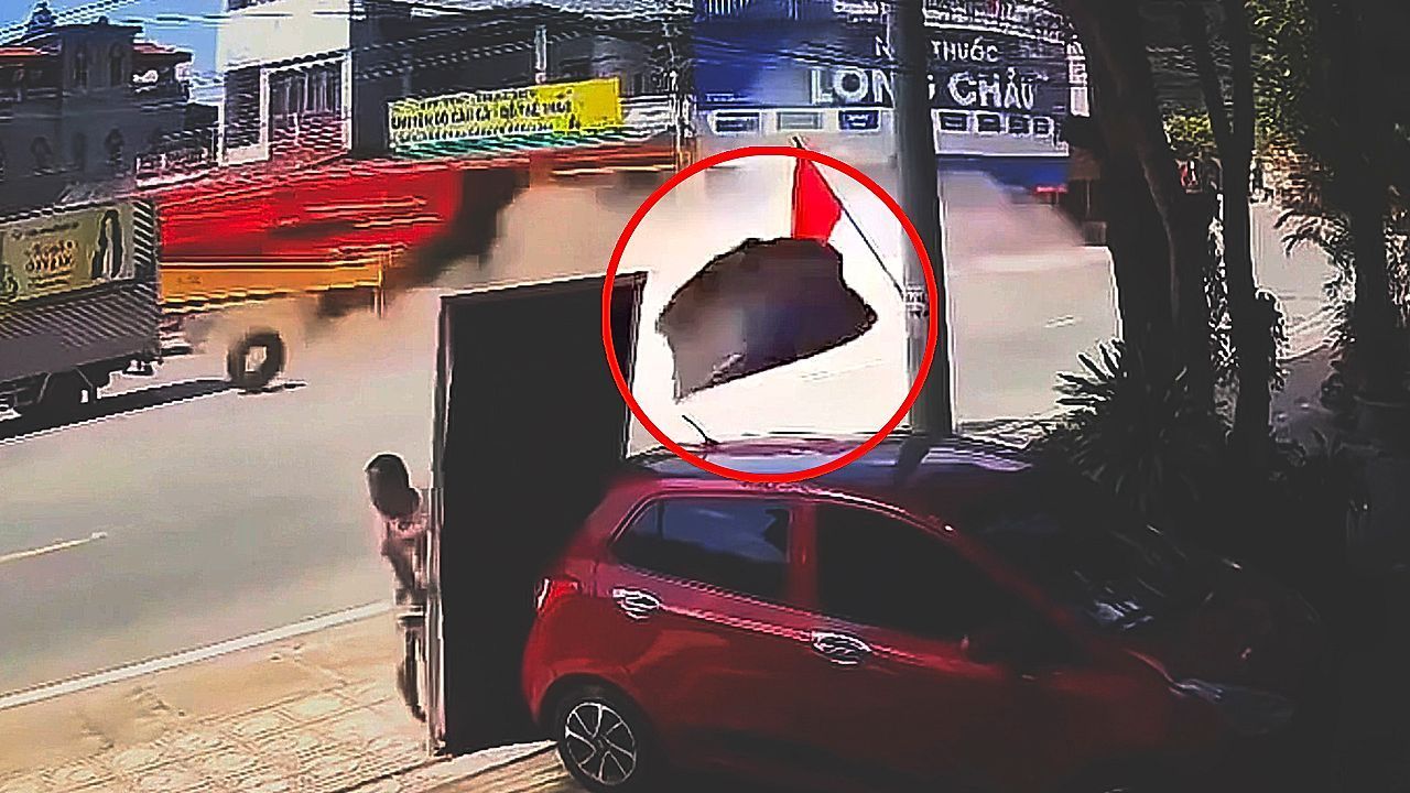 Flatbed truck's tire explodes, sending steel flying towards elderly man