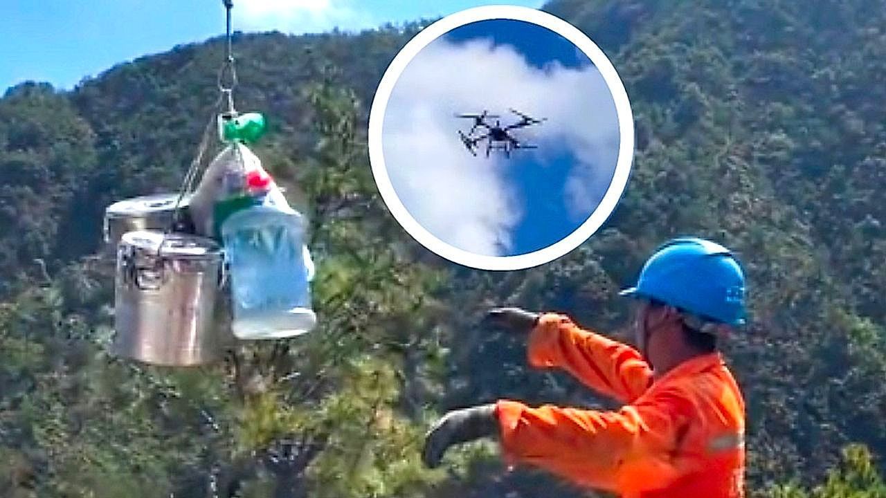 Drones deliver food to mountain construction workers in China