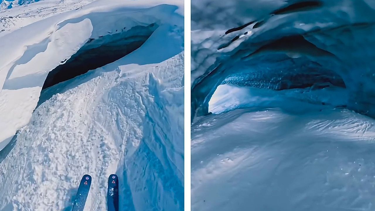 Extreme skier descends into glacier cave in Switzerland