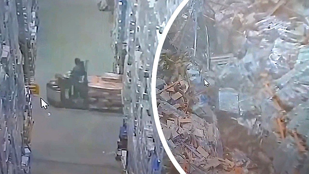 Video: Warehouse collapse traps forklift operator under frozen goods