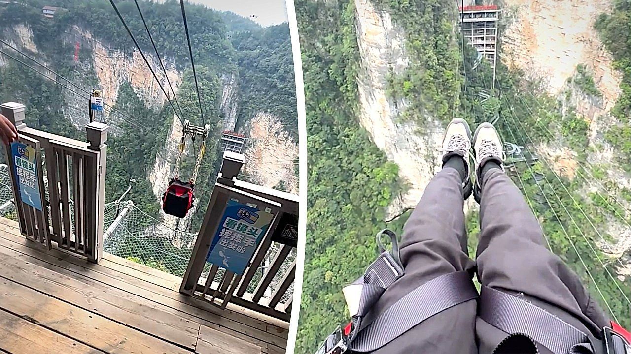 Video: Tourist whizzes across gorge on terrifying 1,000ft zipline ride
