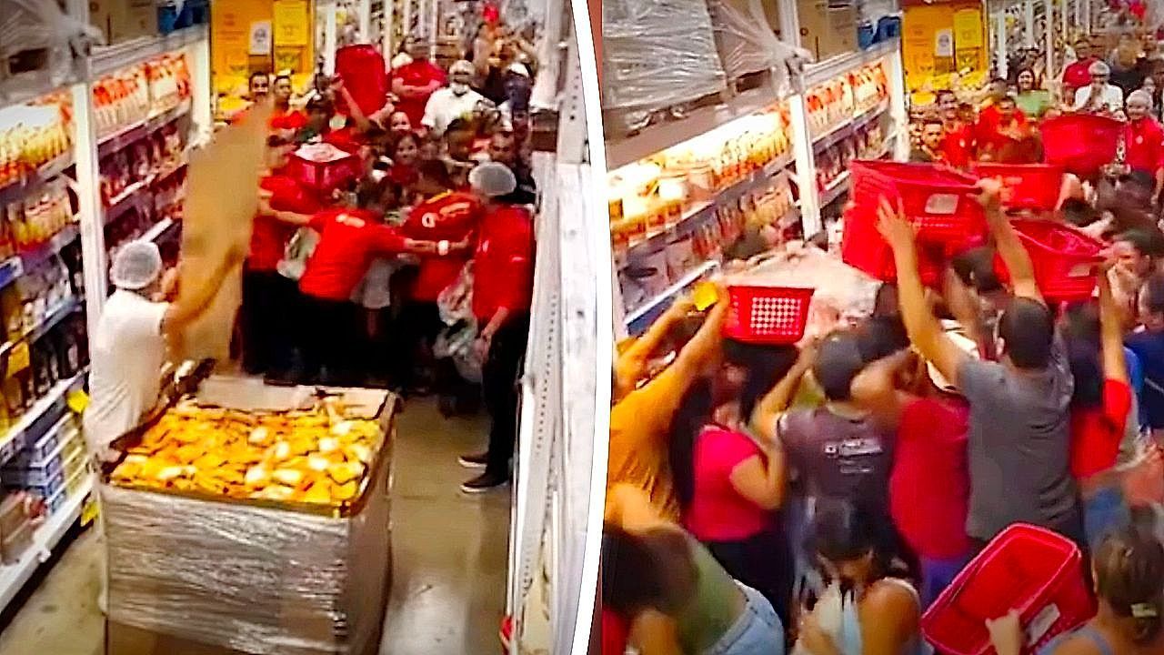 Video: Nudeln im Rabatt: Massenansturm sorgt für Chaos im Supermarkt