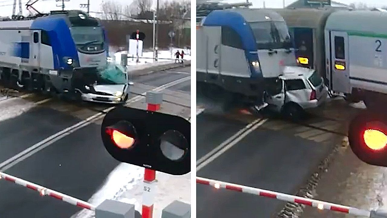 Video: Police watch helplessly as car is obliterated by two trains on level crossing in Poland