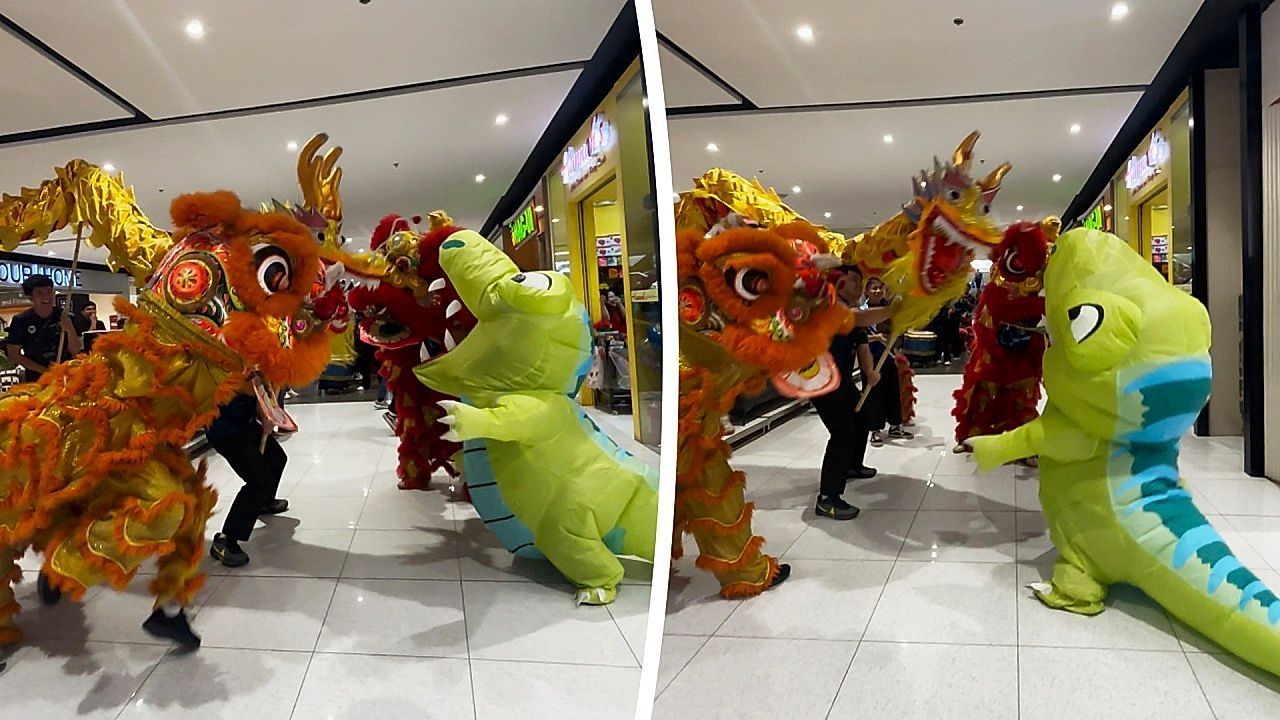 Video: Dragon and dinosaur spark playful mall showdown in Philippines