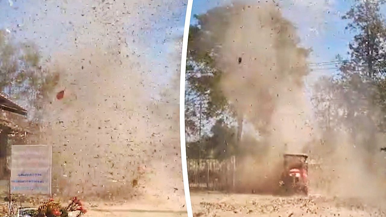 Video: Dog and tractor dodge spinning dust devil on Thai farm