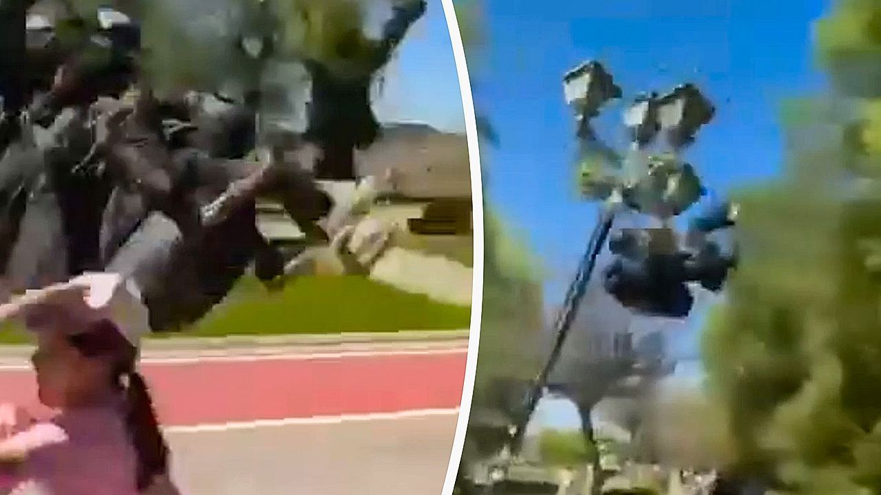 Video: Tandemflug endet auf Promenade: Paraglider nietet Laterne um
