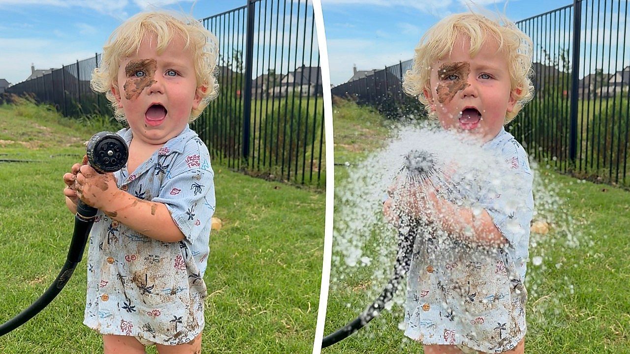 Video: Mom says “cheese” for photo, toddler sprays her with hose