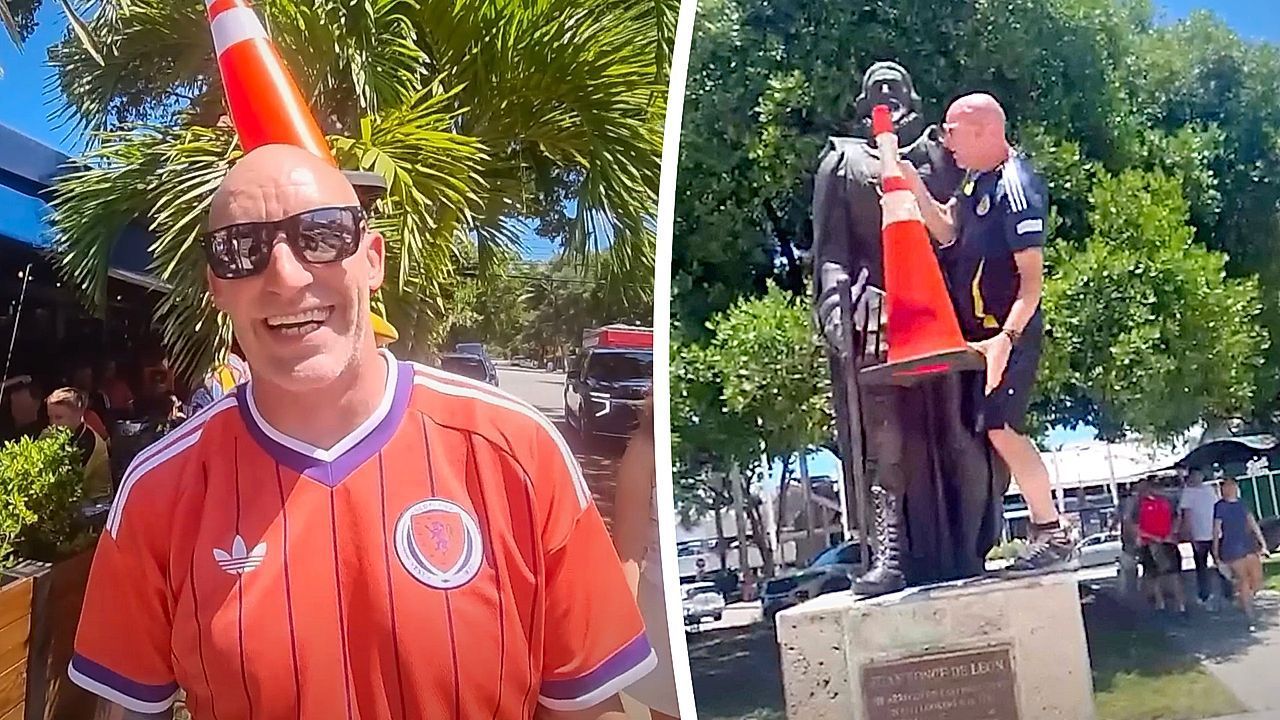 Video: Schottland-Fan setzt Statue Verkehrshütchen auf – doch Miamis Polizei versteht keinen Spaß