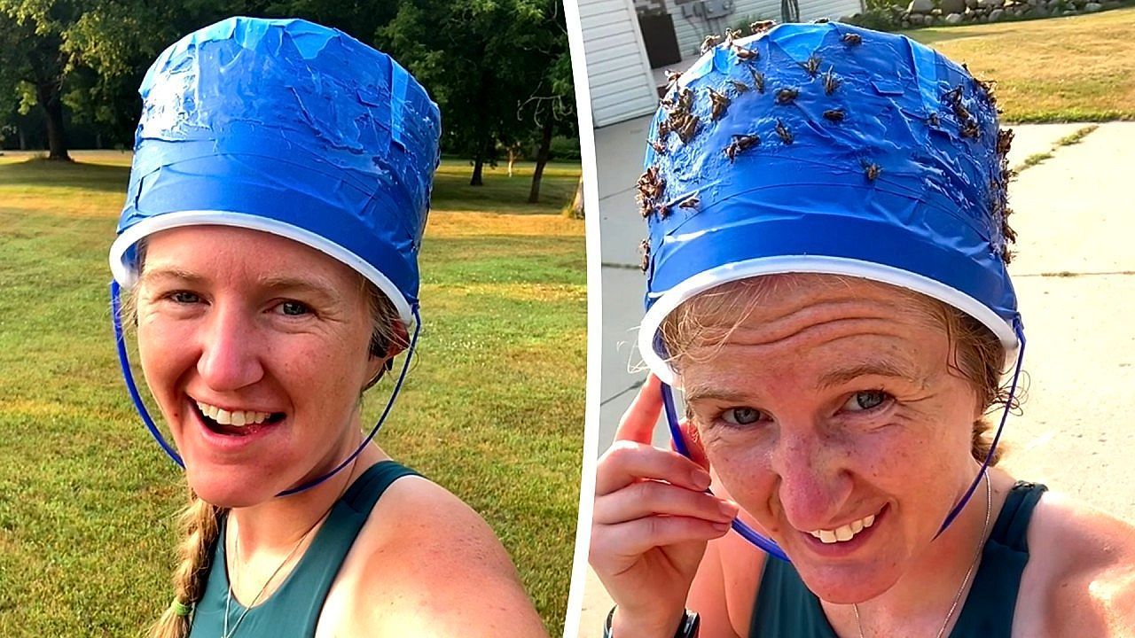 Video: Runner turns herself into human flytrap with sticky hat to catch dozens mid-run