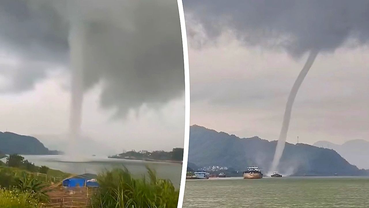 Video: Riesiger Wirbelwind: Wasserhose ragt über Stausee in Südchina empor