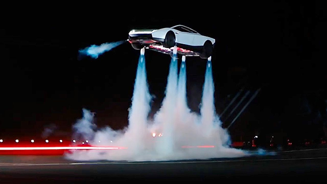 Watch: Tesla unveils flying car that leaps over row of vehicles
