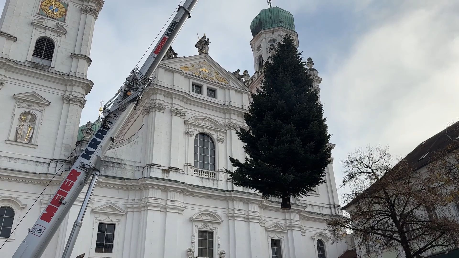 Video: 13 Meter ist er hoch: Der Christbaum am Passauer Domplatz steht