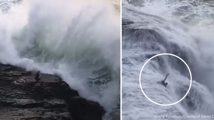 Dramatisches Video: Mann wird von riesiger Welle ins Meer gerissen