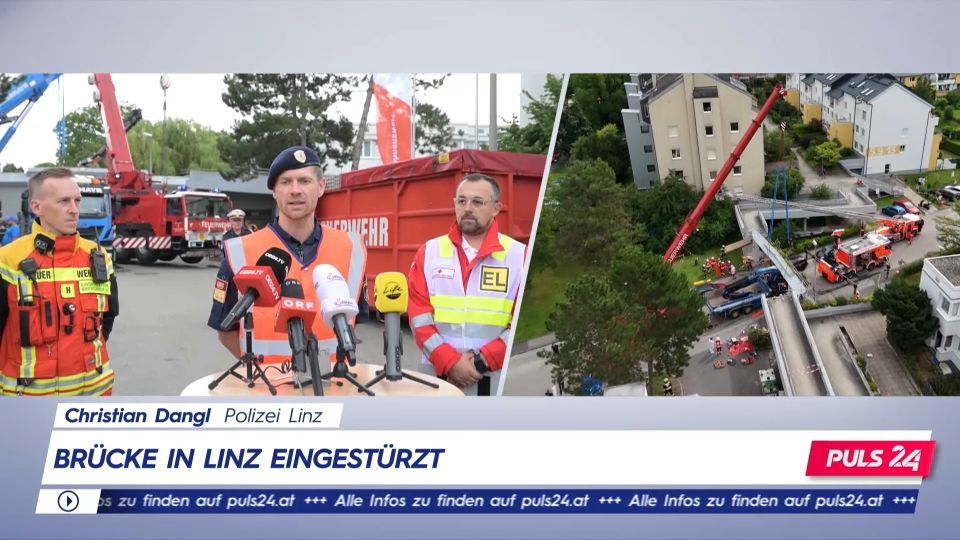 Video: Linz: LKW reißt Fußgängerbrücke aus Ankerung